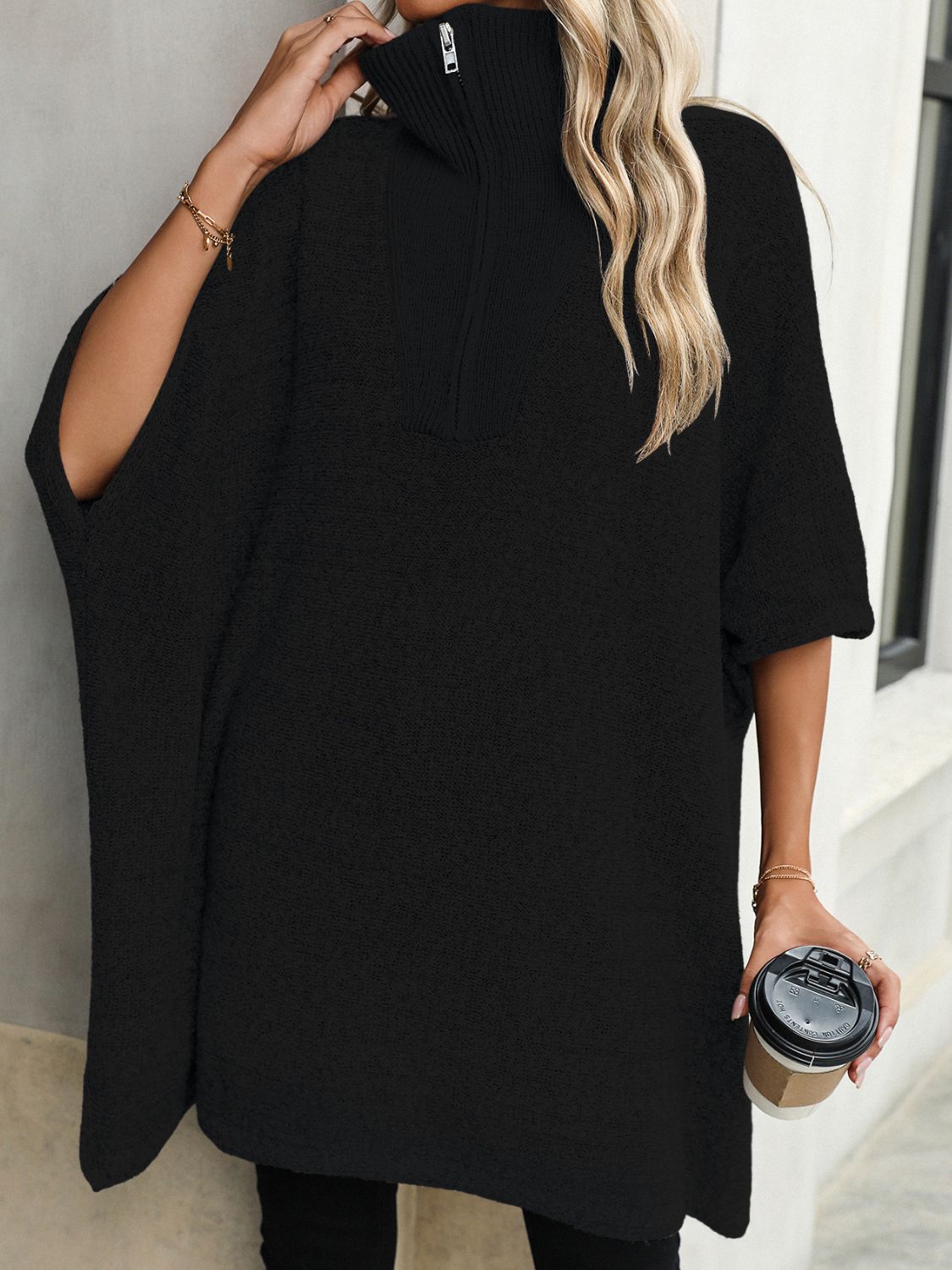 Slit Quarter Zip Half Sleeve Sweater