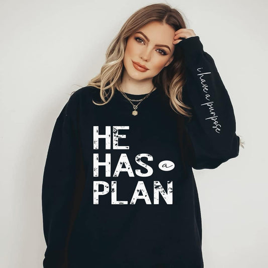 Full Size He Has A Plan -With Sleeve Accent  Sweatshirt