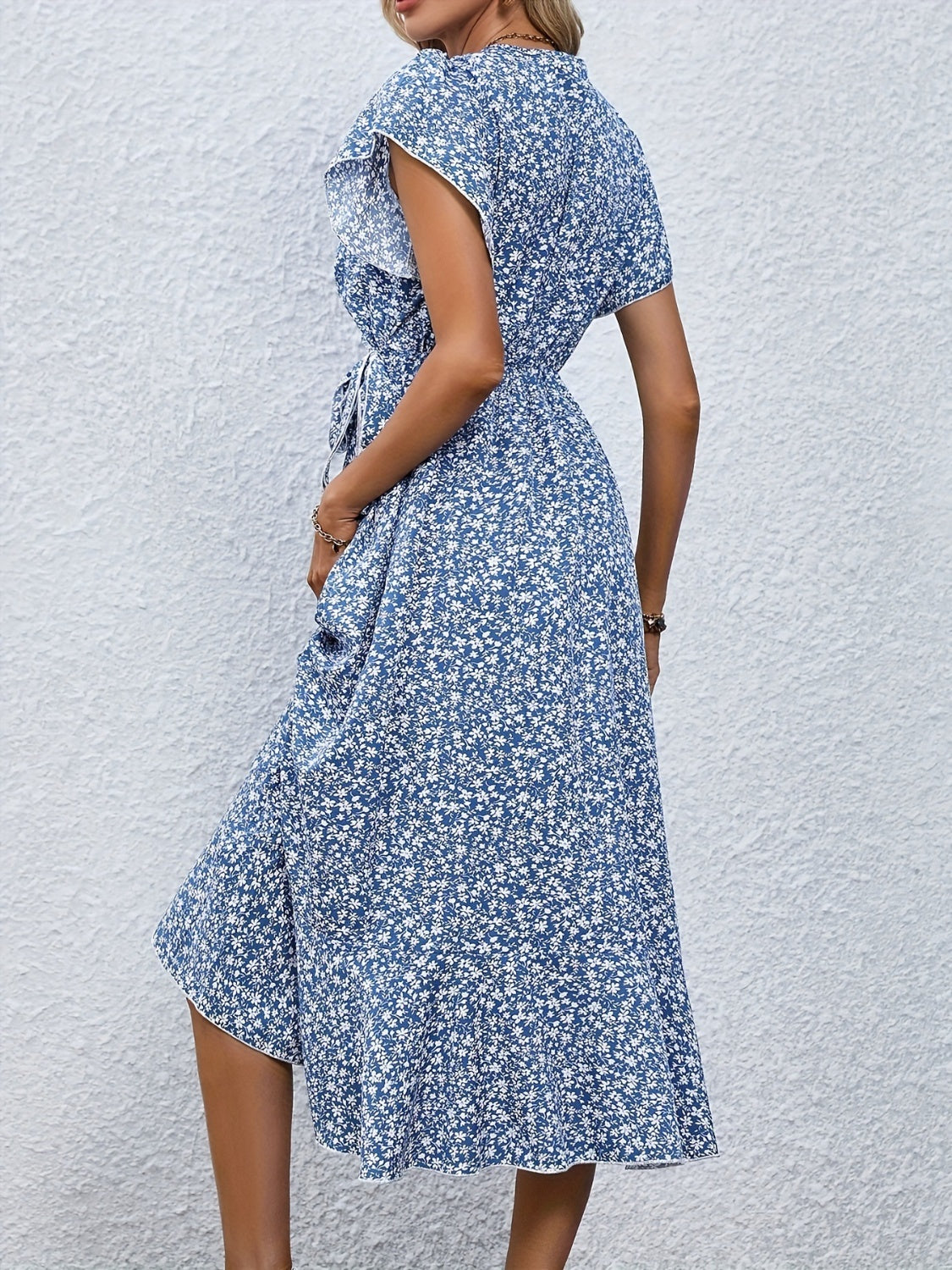 Full Size Printed Surplice Flutter Sleeve Midi Dress