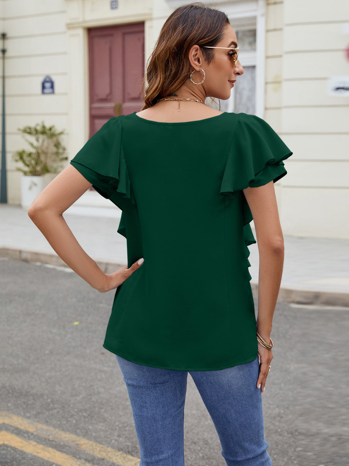 Full Size Ruffled V-Neck Short Sleeve Top