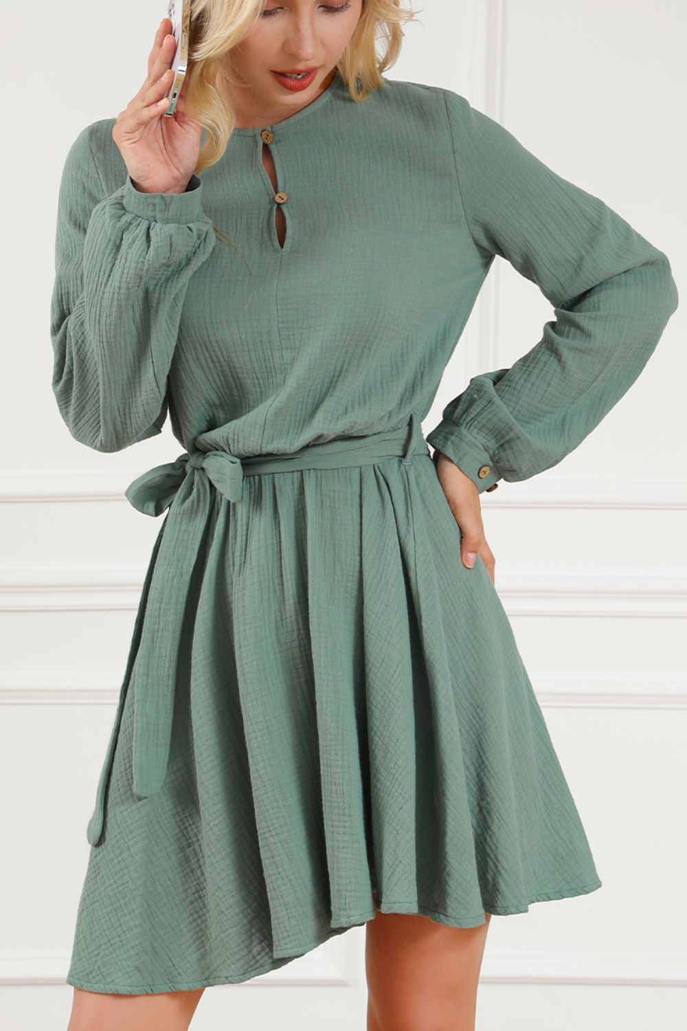 Round Neck Long Sleeve Tie Waist Dress