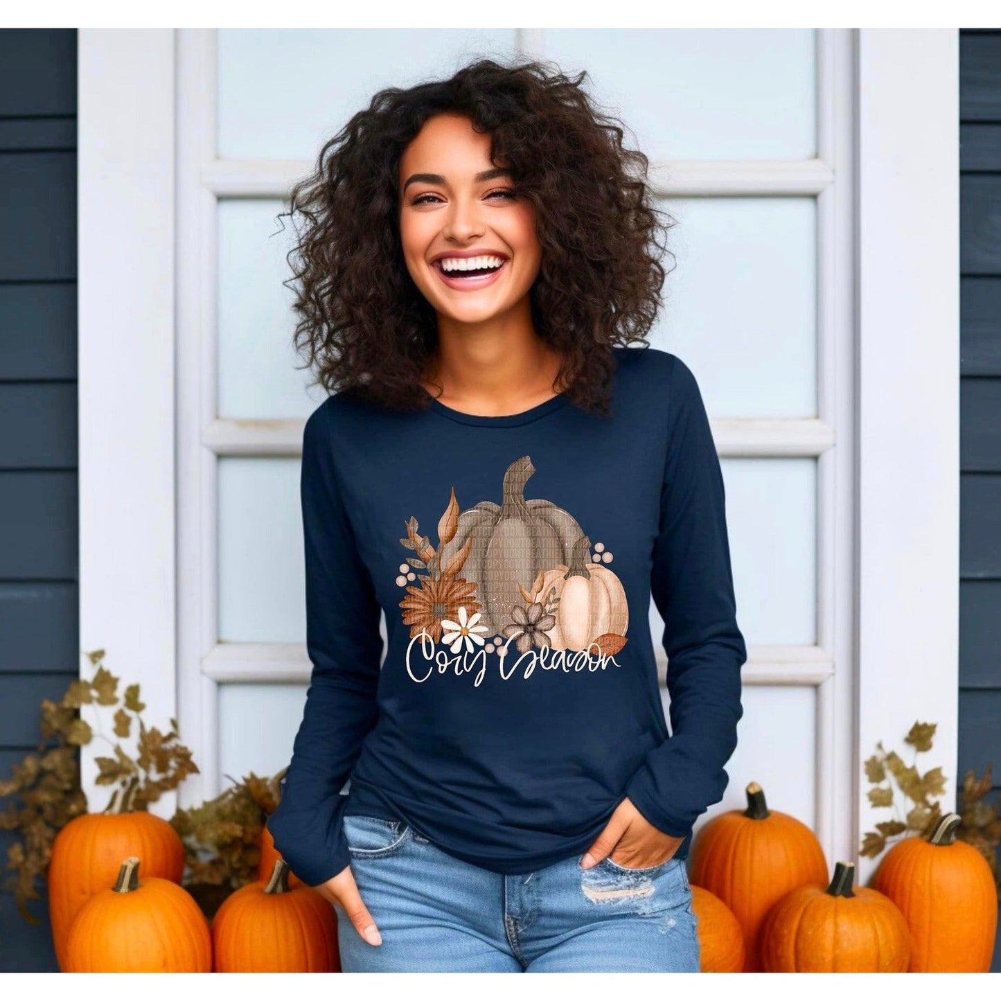 Full Size Pumpkins Floral Cozy Season long sleeve tee