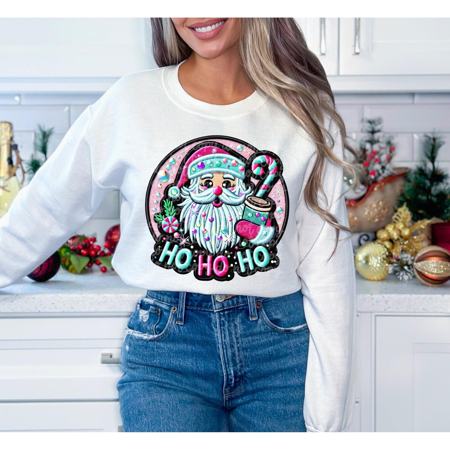 Full Size Ho Ho Ho Pink Santa Faux Embroidery Sweatshirt