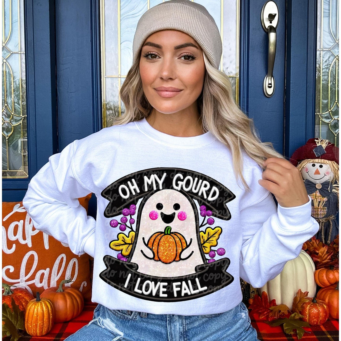 Full Size Oh My Gourd I Love Fall Faux Embroidery Sweatshirt