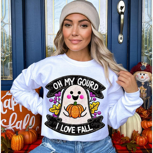 Full Size Oh My Gourd I Love Fall Faux Embroidery Sweatshirt