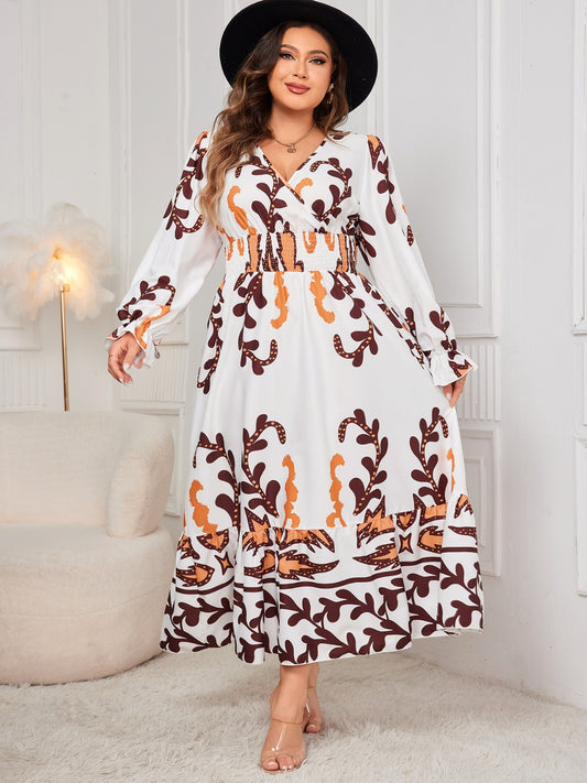 Plus Size Printed Surplice White Flounce Sleeve Dress