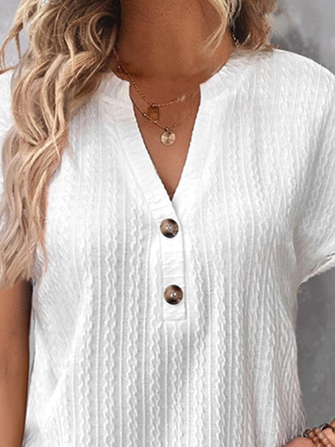 Full Size Textured Notched Short Sleeve Blouse