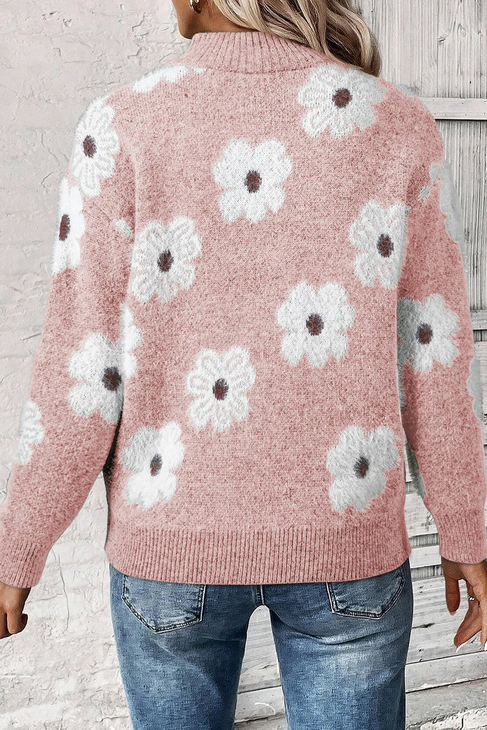 Full Size Flower Half Zip Long Sleeve Sweater