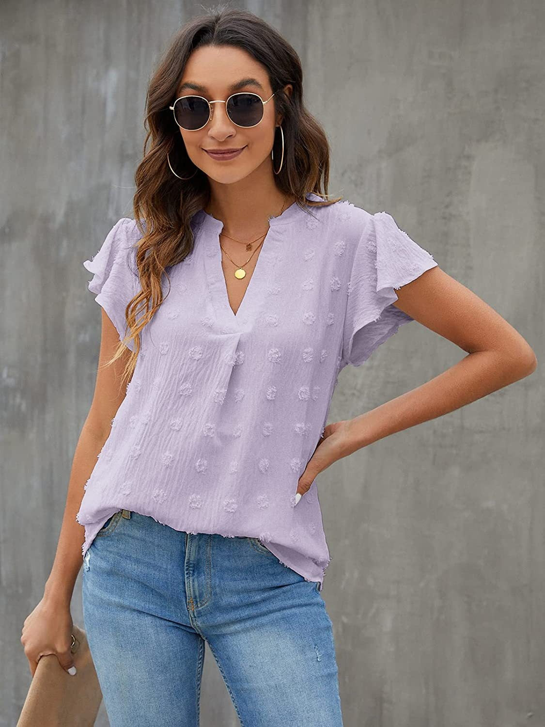 Swiss Dot Notched Flutter Sleeve Blouse