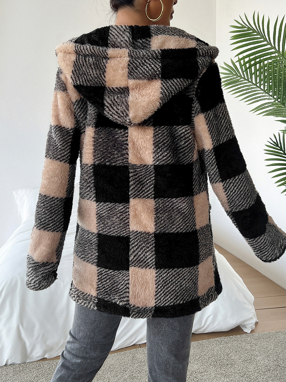 Devine Fuzzy Plaid Open Front Hooded Jacket