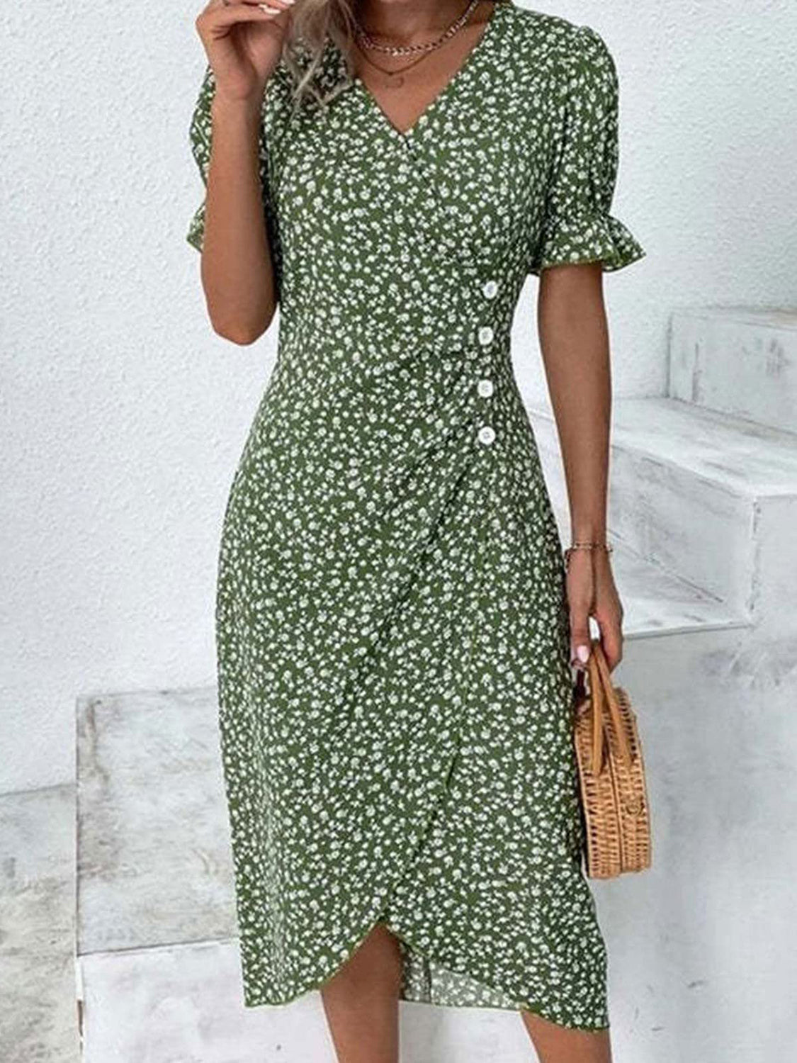 Full Size Printed Surplice Flounce Sleeve Midi Dress