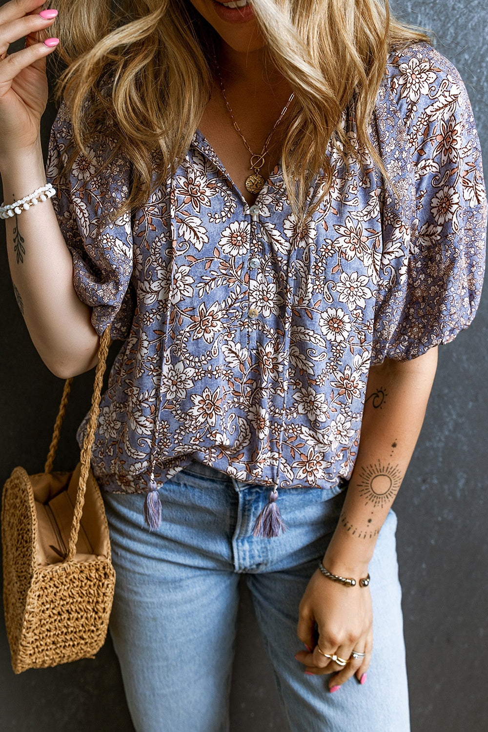 Printed Tie Neck Half Sleeve Blouse