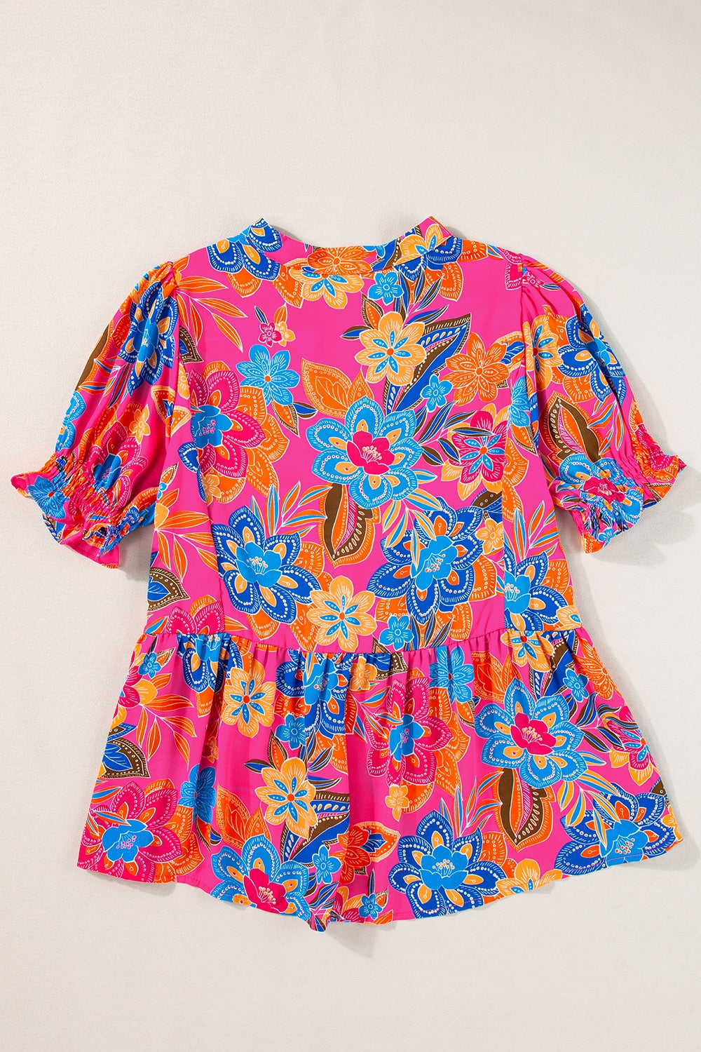 Peplum Printed Notched Short Sleeve Blouse