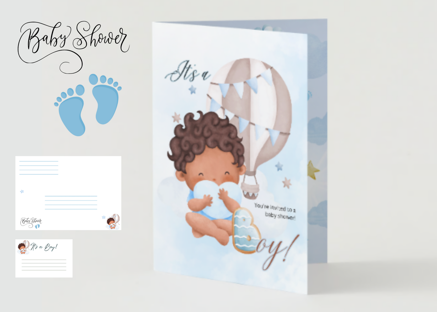 DIY Blue Baby Shower Cards "It's a Boy" 4 Card Complete Set in PDF, PNG, JPG, SVG
