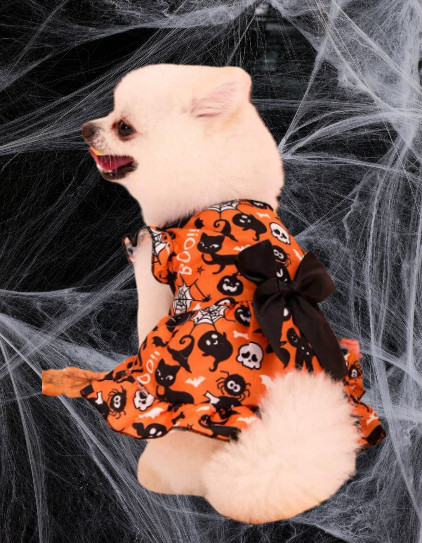 LOVE MY PET Halloween Princess Puff Sleeve Dress with Orange Bow