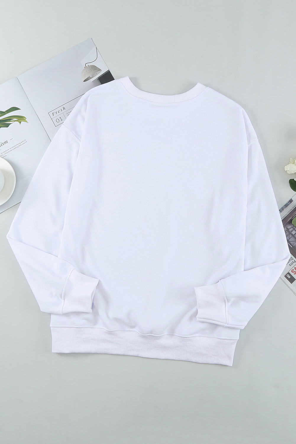 Full Size Leopard Round Neck White Long Sleeve Sweatshirt