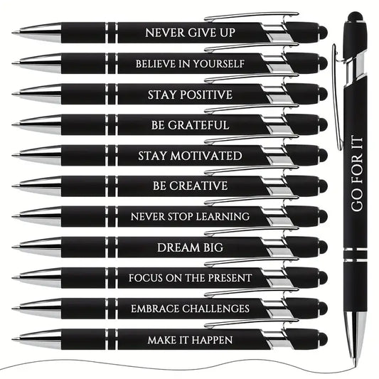 12pc Inspirational Metal Ballpoint Pen Set - Motivational Messages - Black Ink Stylus Tip