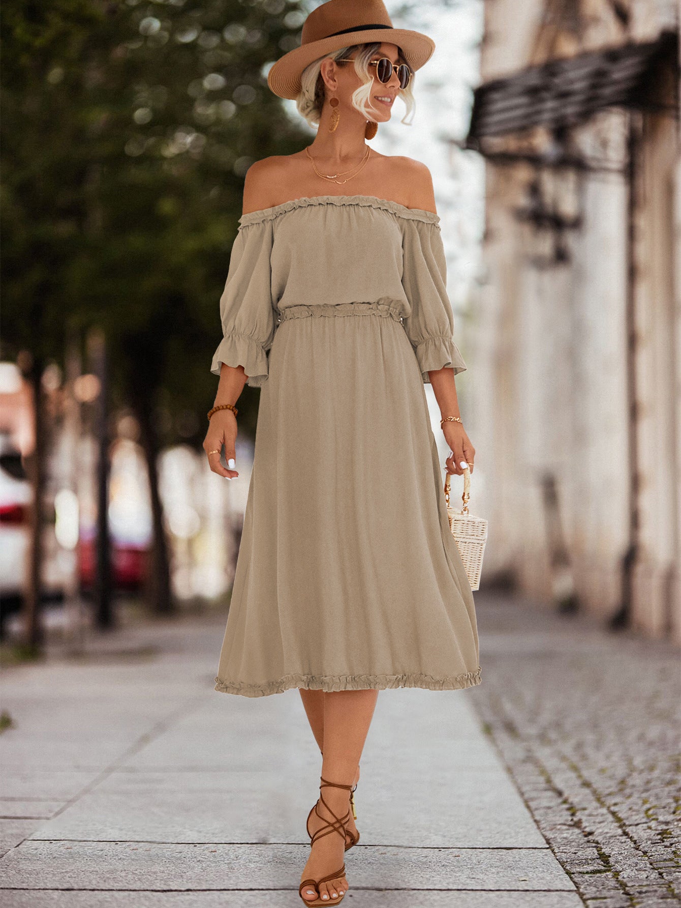 Women's Frilled Off-Shoulder Flounce Sleeve Dress