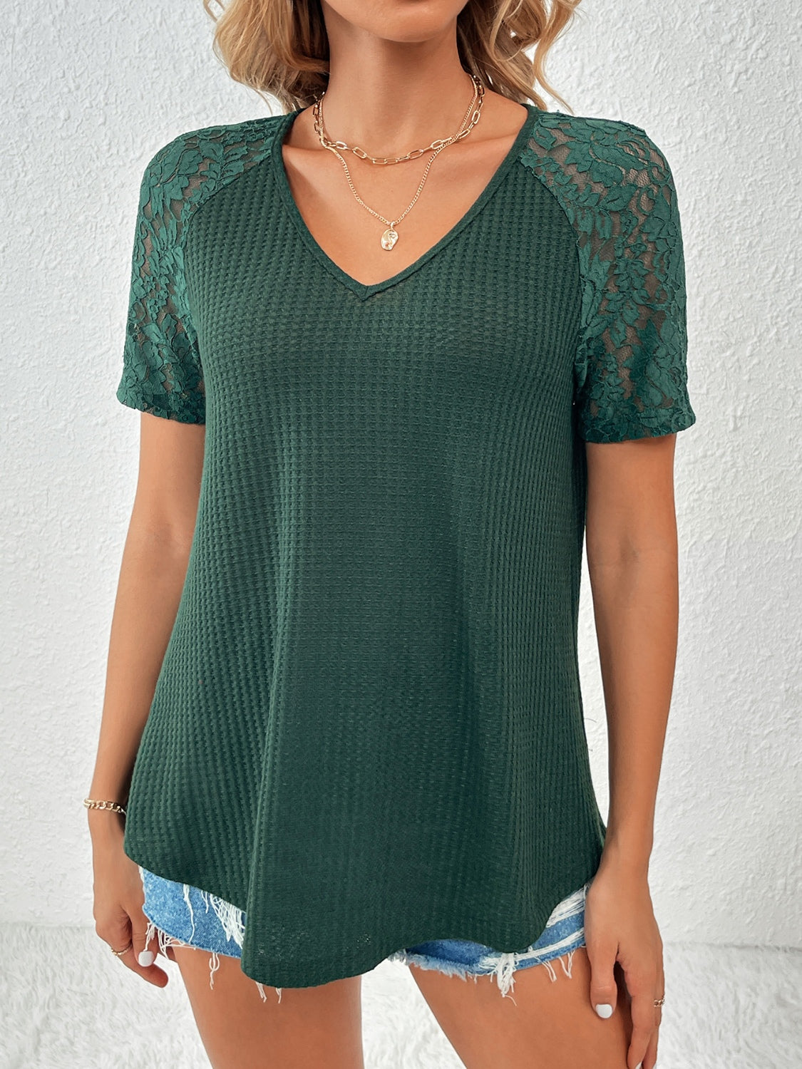 Full Size Lace Detail V-Neck Short Sleeve T-Shirt