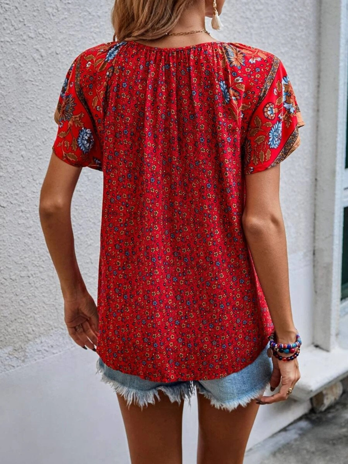 Printed Tie Neck Short Sleeve Blouse