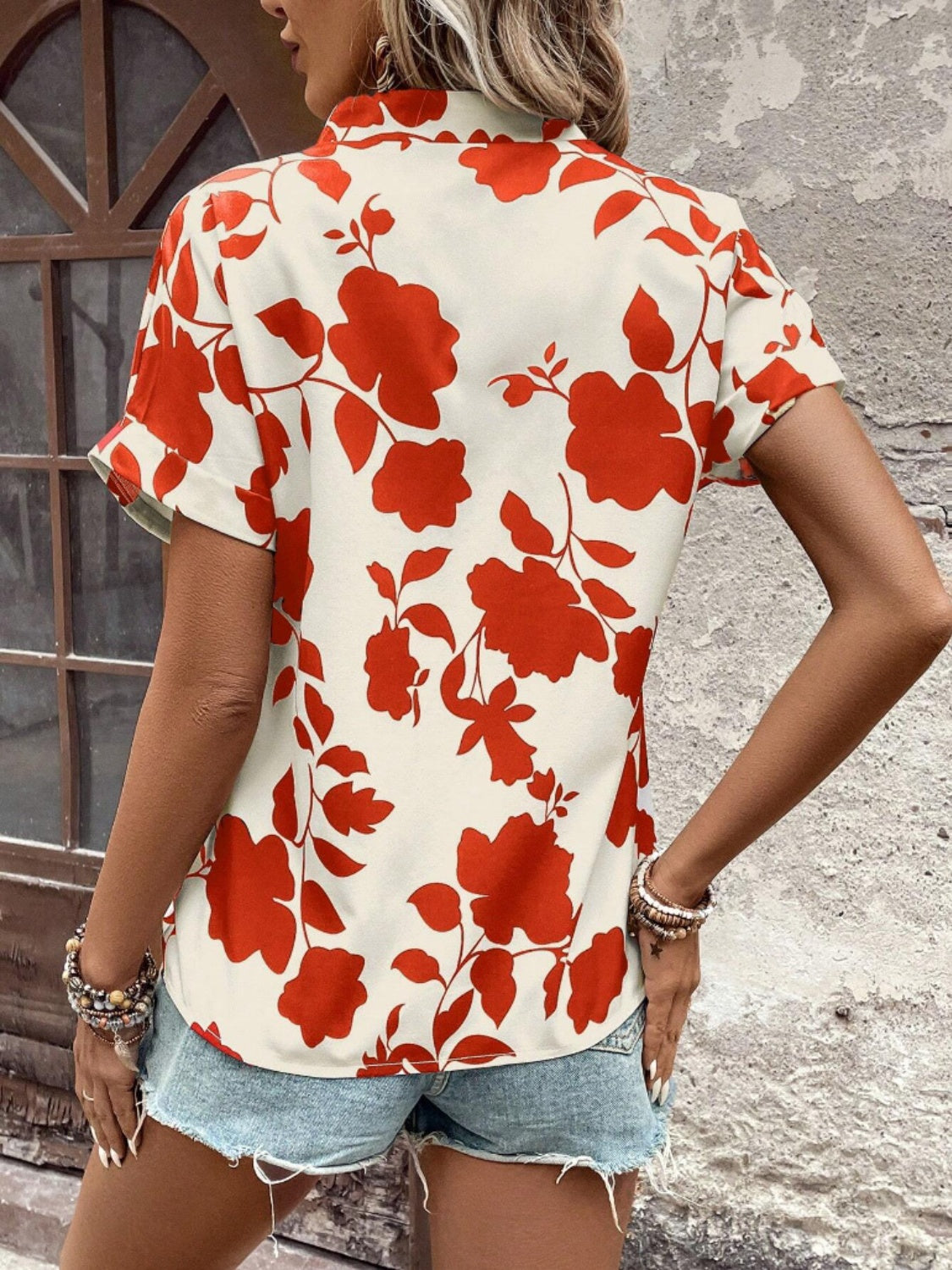 Flower Notched Short Sleeve Blouse