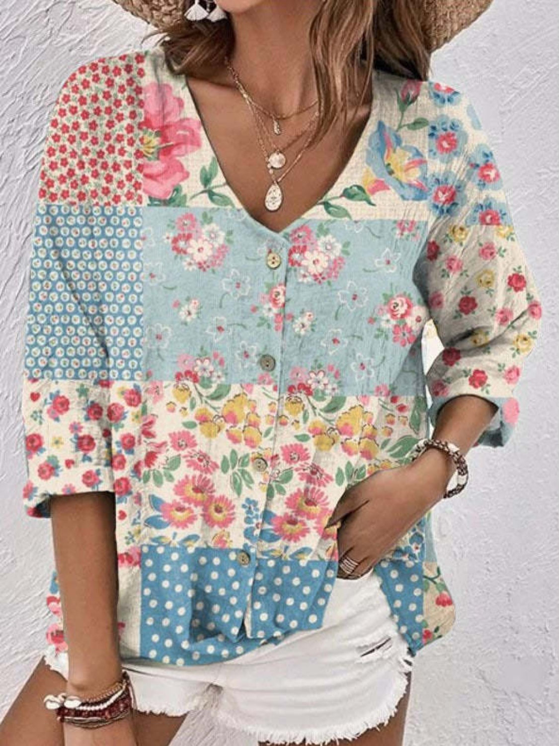 Full Size Printed V-Neck Blouse