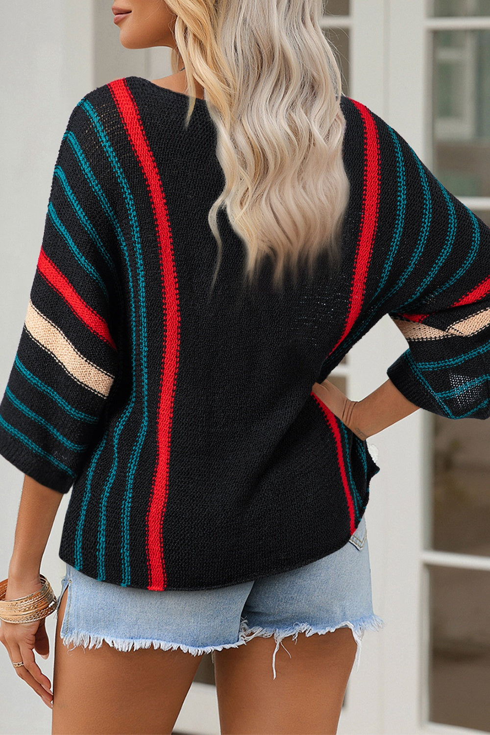 Striped Boat Neck Three-Quarter Sleeve Knit Top