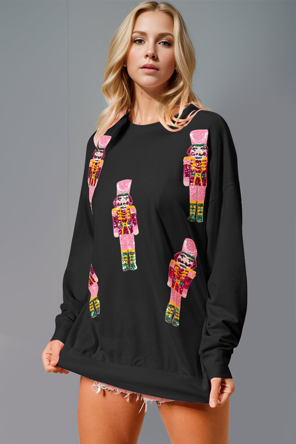 Double Take Sequin Nutcracker Round Neck Long Sleeve Sweatshirt