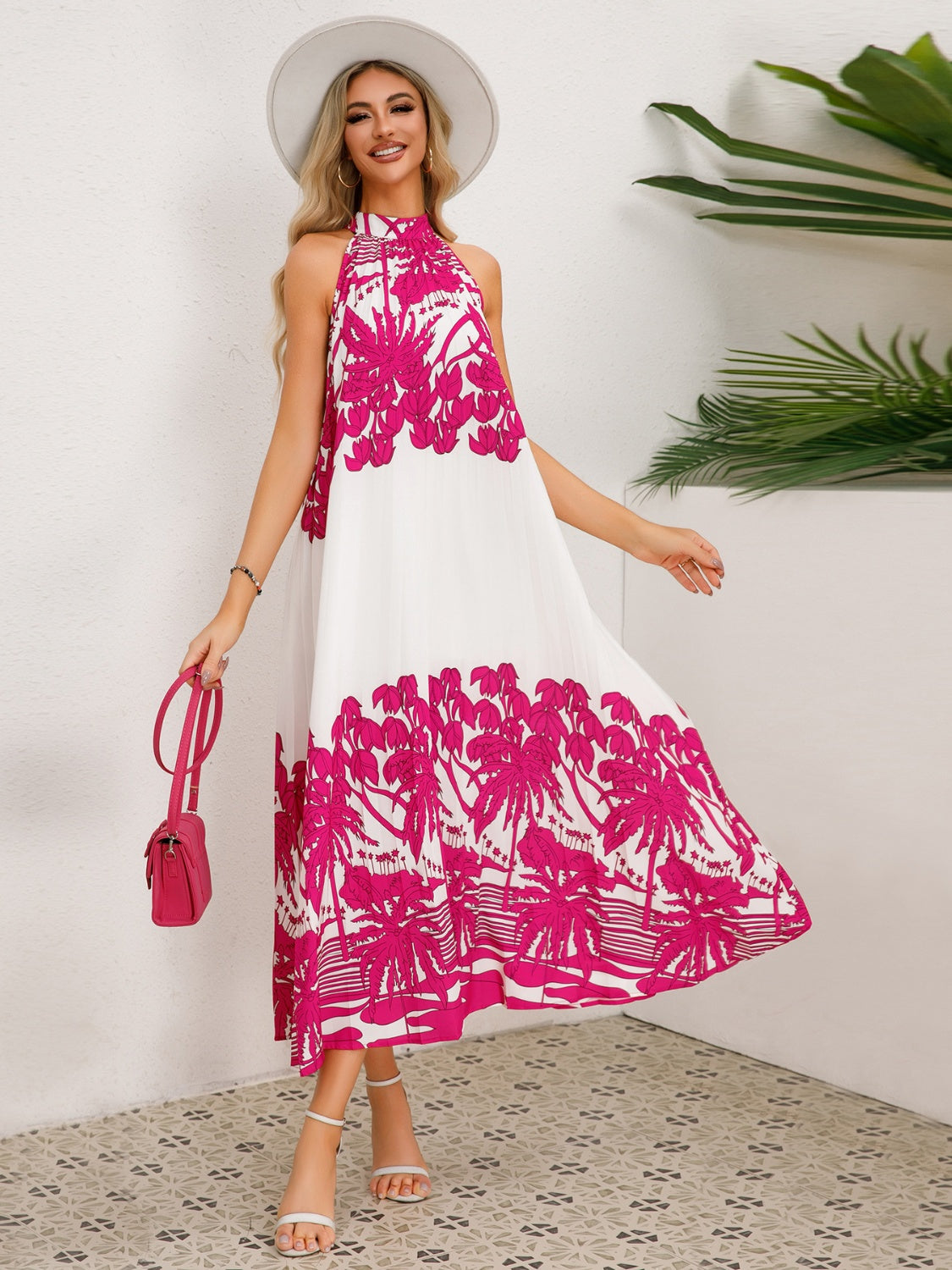 Full Size Tied Printed Sleeveless Midi Dress