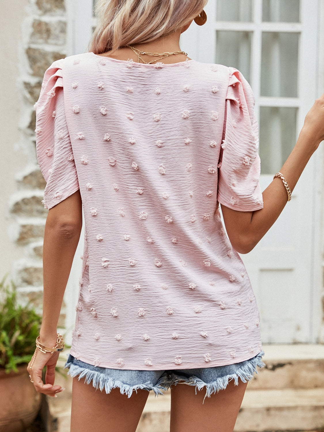 Swiss Dot Short Puff Sleeve Top