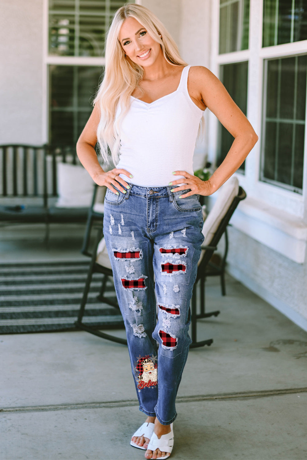 Summer Anastacia Plaid Distressed Jeans with Pockets