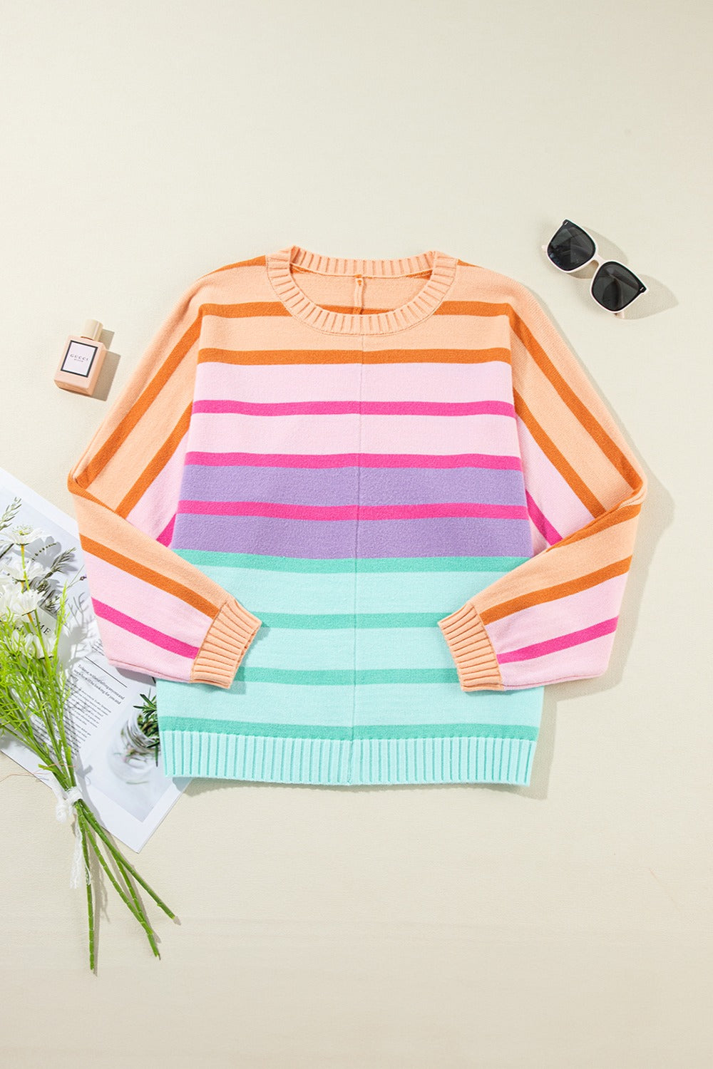 Contrast Striped Round Neck Long Sleeve Knit Top