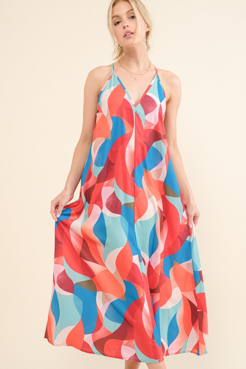 And the Why Printed Blue Multi Crisscross Back Cami Dress