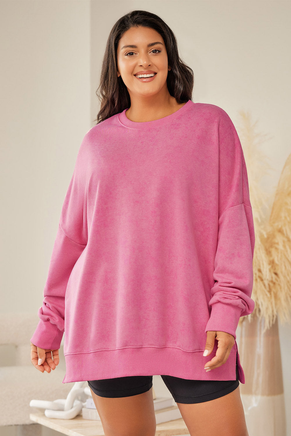 Plus Size Round Neck Drop Shoulder Slit Sweatshirt