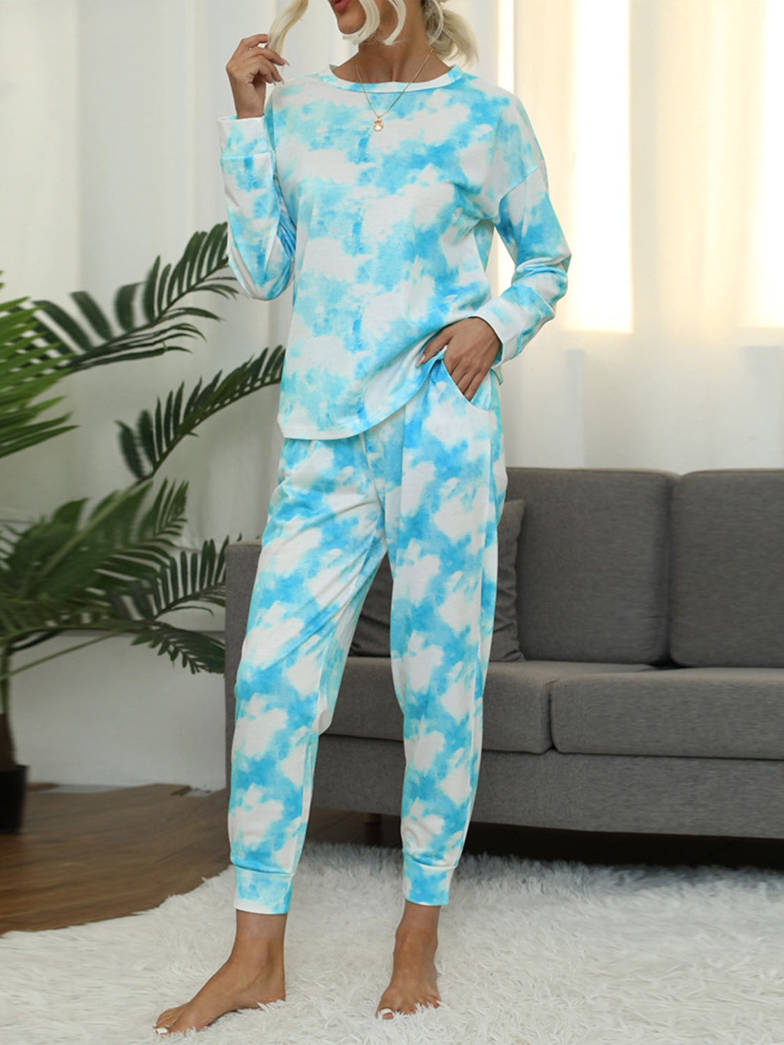 Full Size Tie-Dye Round Neck Top and Pants Lounge Set
