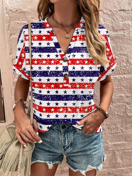 Full Size USA Themed Printed Notched Short Sleeve Blouse