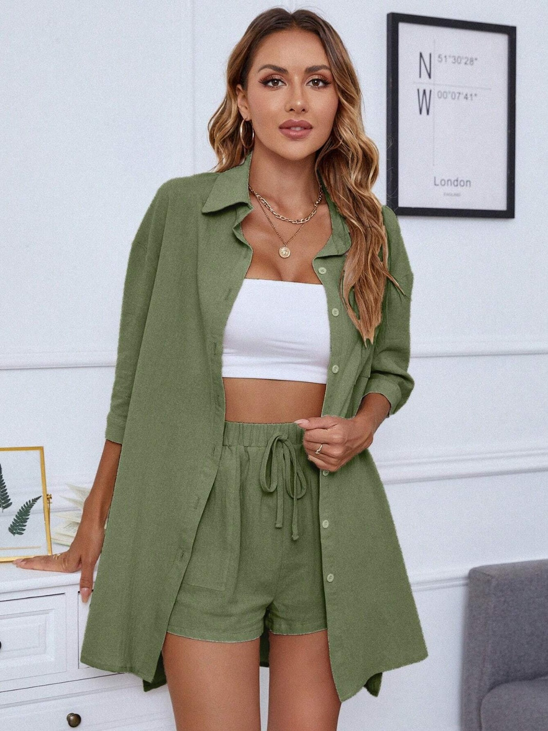 Full Size Dropped Shoulder Button Up Shirt and Shorts Set