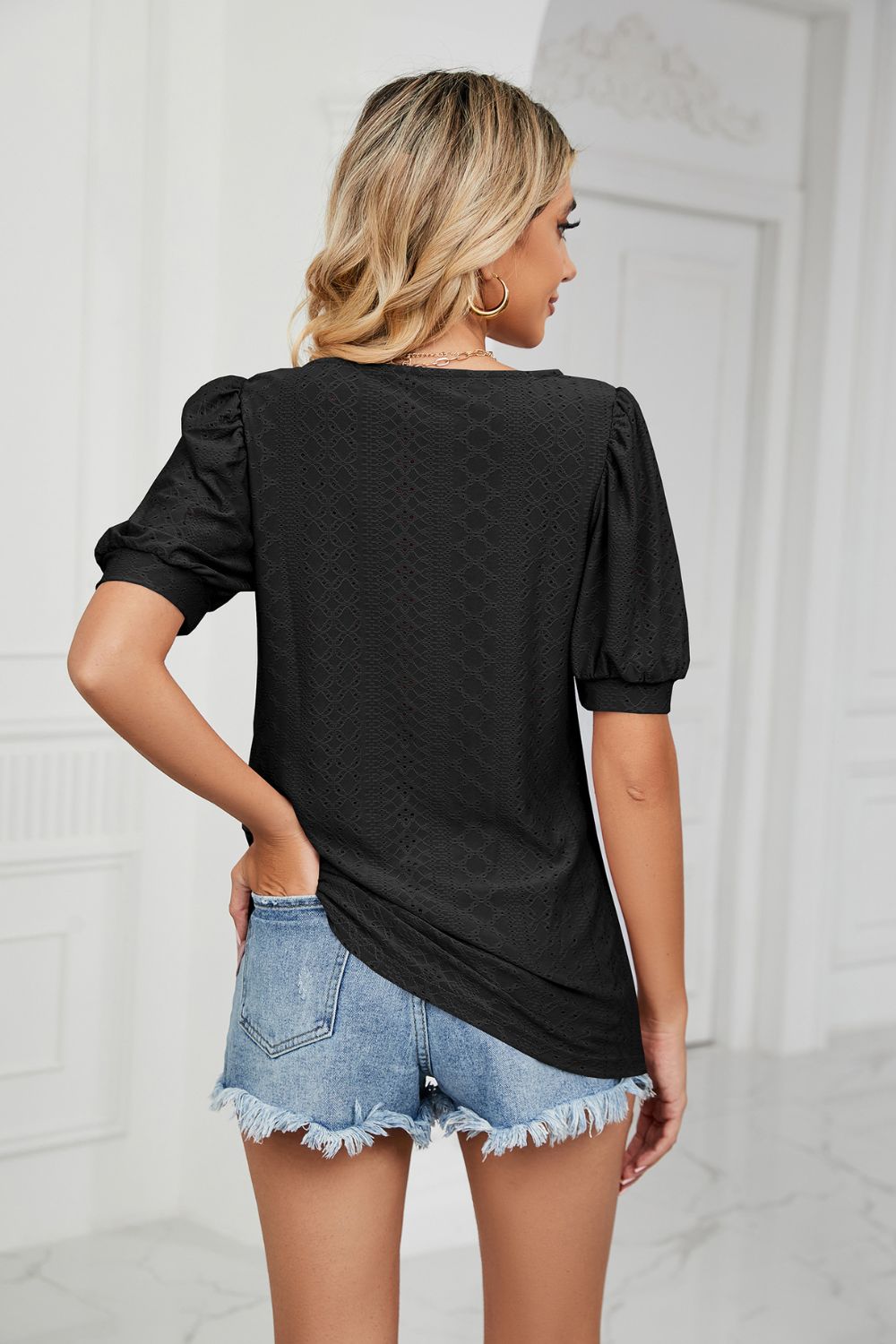 Eyelet Puff Sleeve Round Neck Top