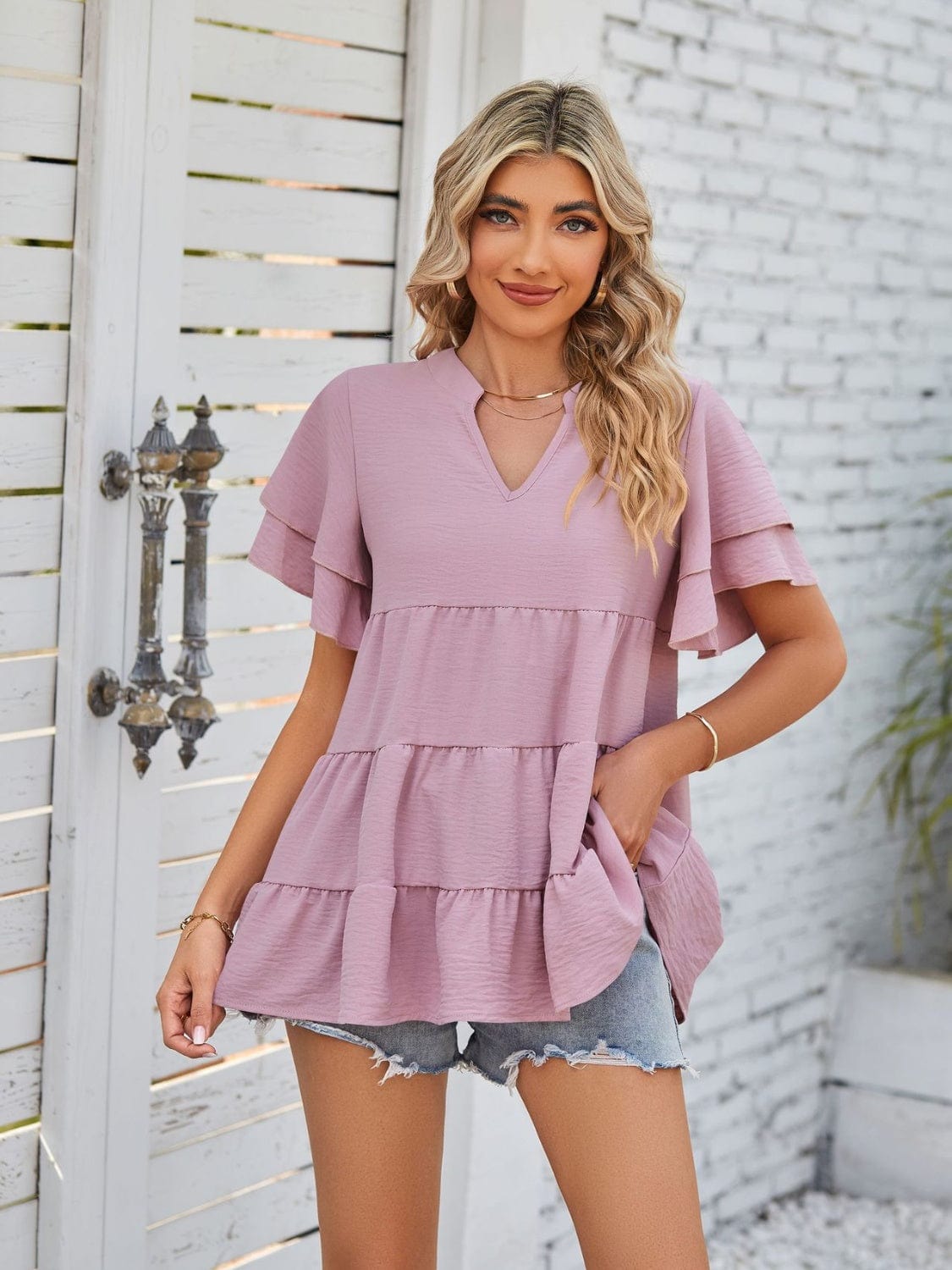 Full Size Tiered Notched Short Sleeve Blouse