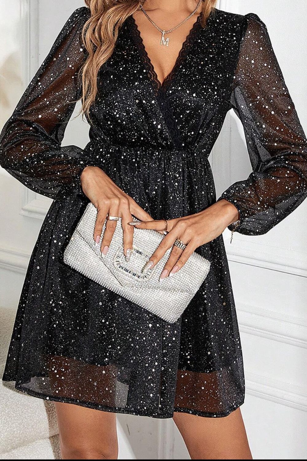 Glitter Surplice Long Sleeve Mini Dress