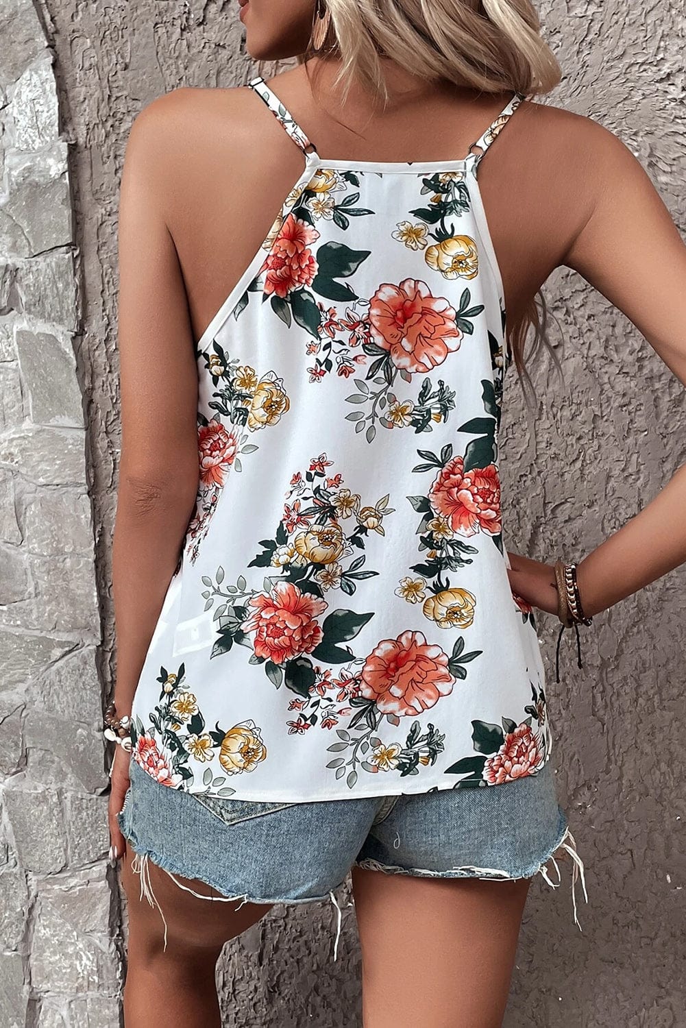 Lace Detail Printed White V-Neck Cami