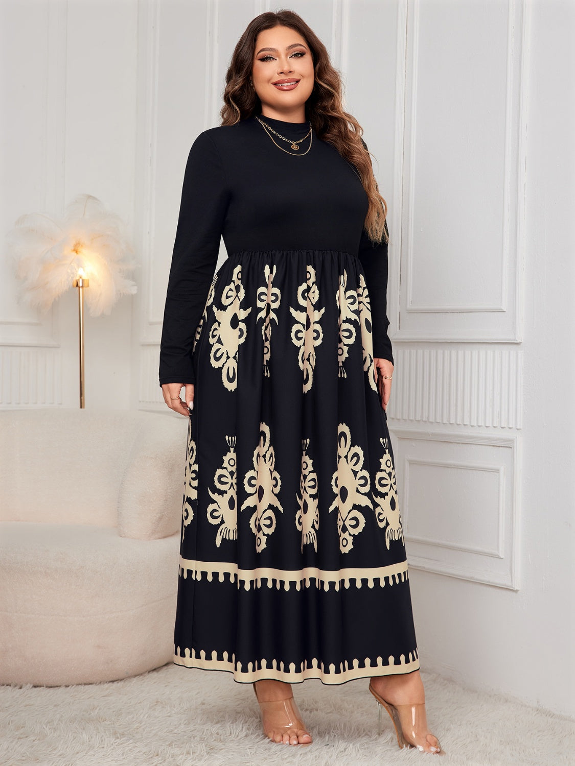 Plus Size Printed Mock Neck Black Long Sleeve Dress