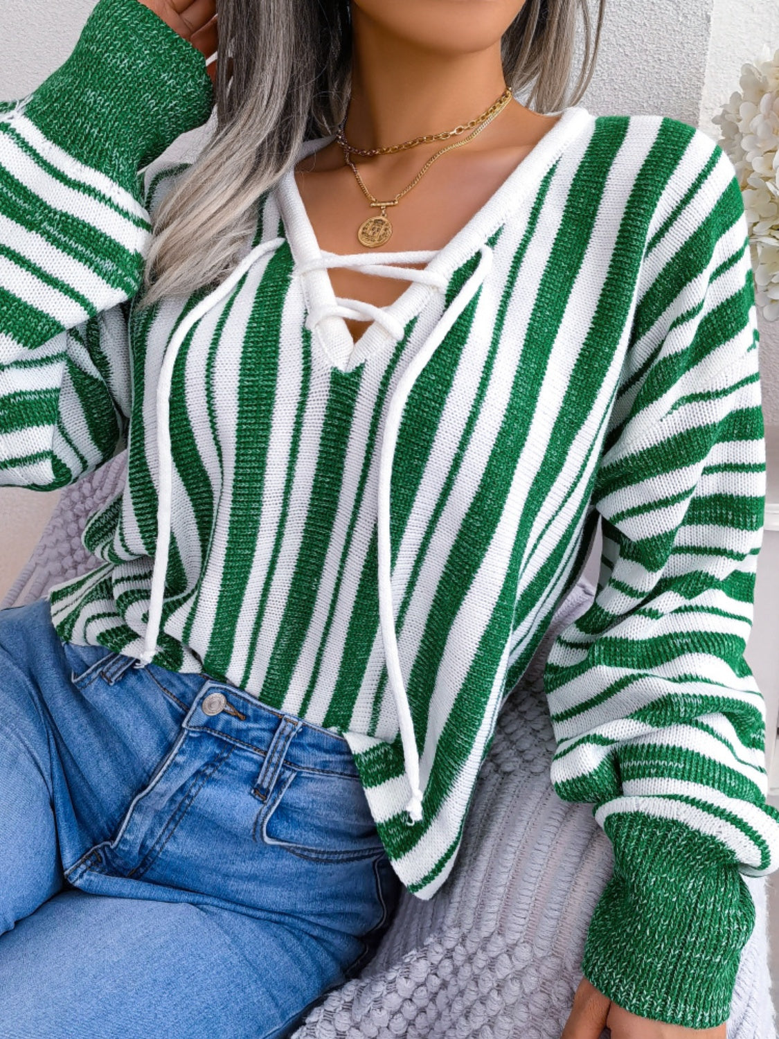 Striped Lace-Up Long Sleeve Sweater