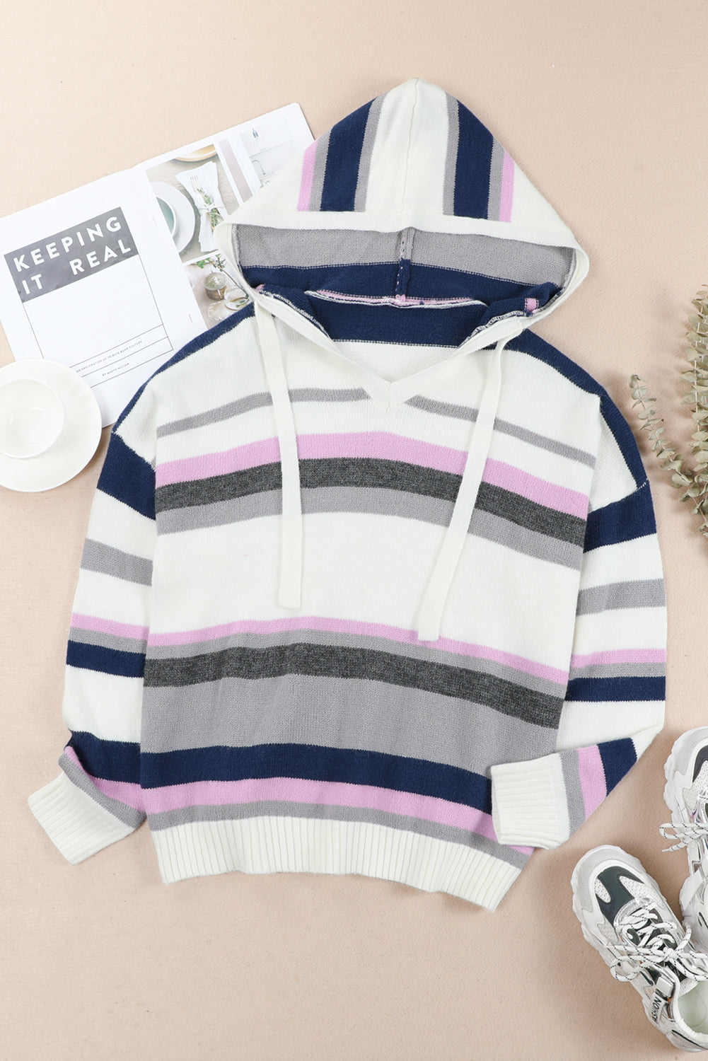 Plus Size Striped Long Sleeve Hooded Sweater