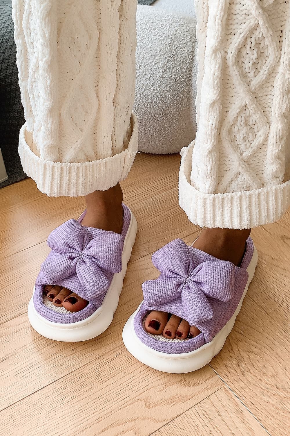 Bow Waffle-Knit Platform Slippers