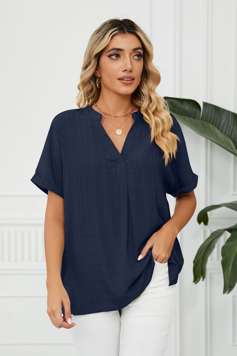 Full Size Side Slit Notched Neck Cuffed Short Sleeve Blouse