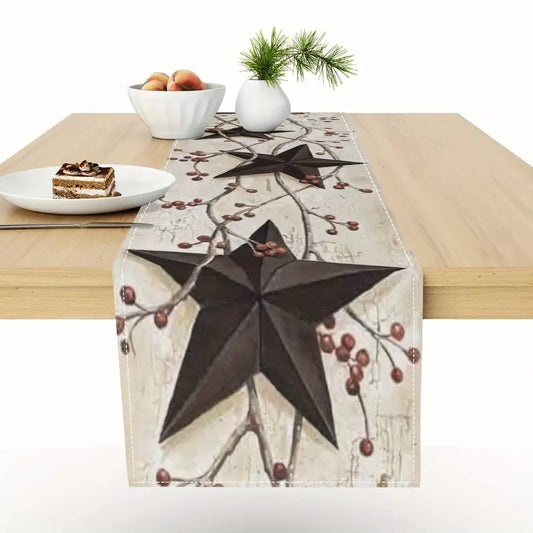 Rustic Farmhouse Star Printed Table Runner, Luxurious Linen Table Cloth