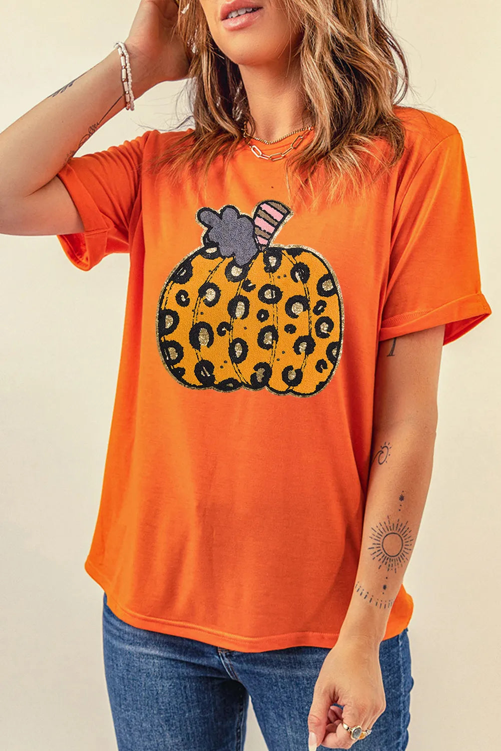 Pumpkin Round Neck Short Sleeve T-Shirt