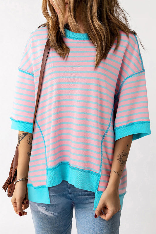 Full Size Striped Round Neck Half Sleeve Blush Pink T-Shirt