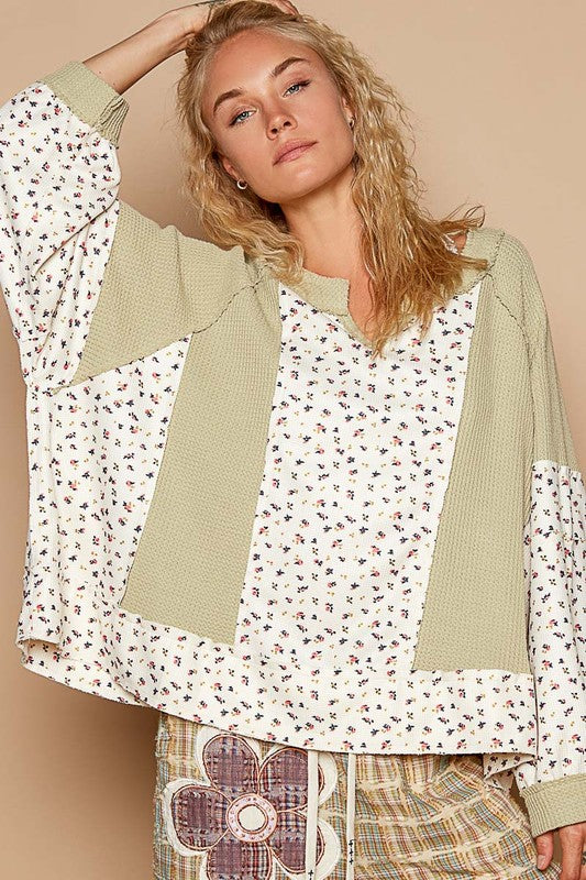 POL Waffle Knit Floral Notched Long Sleeve Top